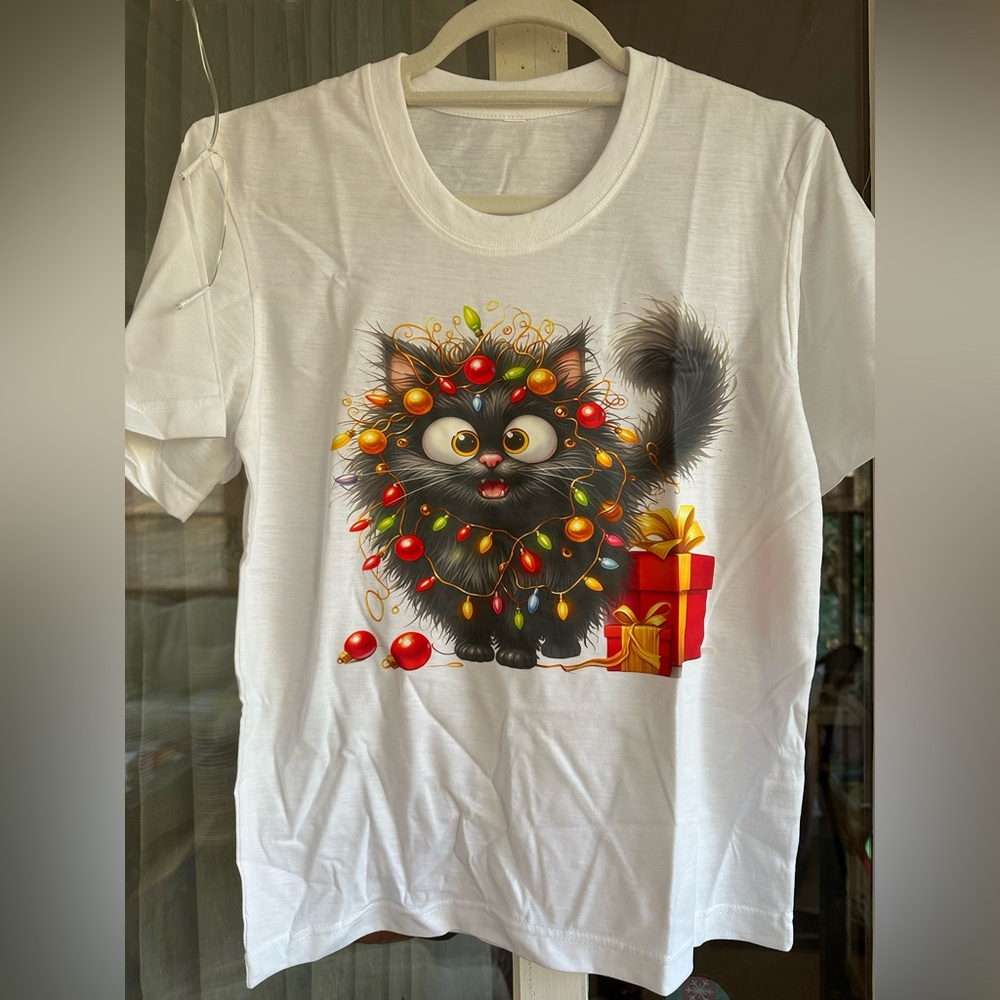 Festive Cat T-Shirt - Black Cat with Lights